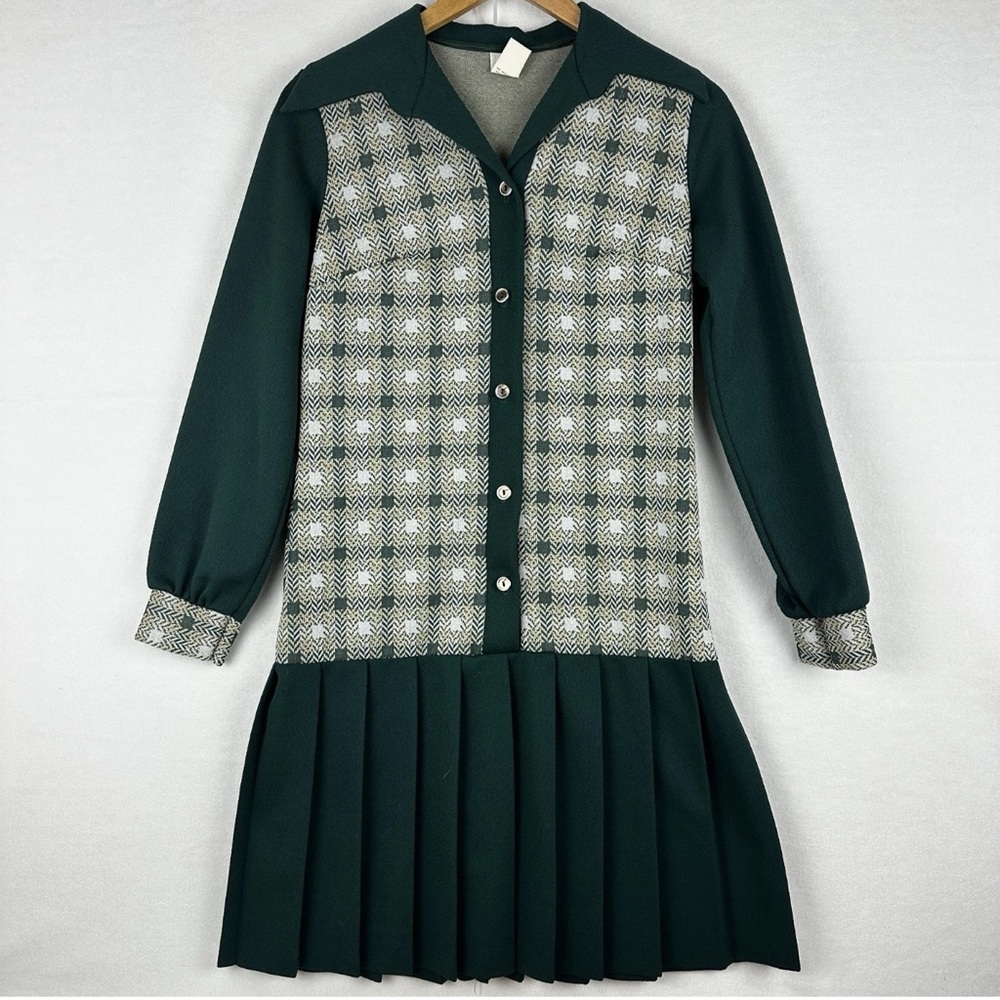 Vintage 60’s Green Textured Polyester Pleated Skirt Mini Dress Sz 10 Union Made